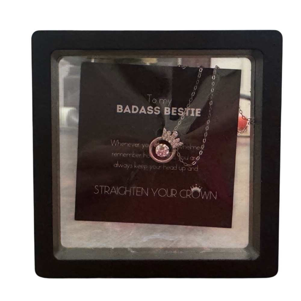 Badass Bestie Crown Dancing Stone Necklace Silver Tone Friendship Gift Pendant - Picture 3 of 4